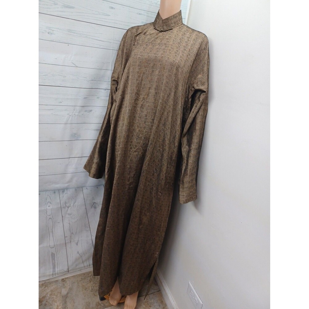 Vtg 1970s Gold Brown Cheongsam Qipao Dress Handmade 2X Bust 50"